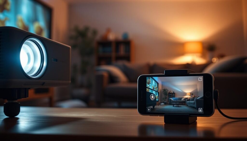 comparativo entre projetor tradicional e celular